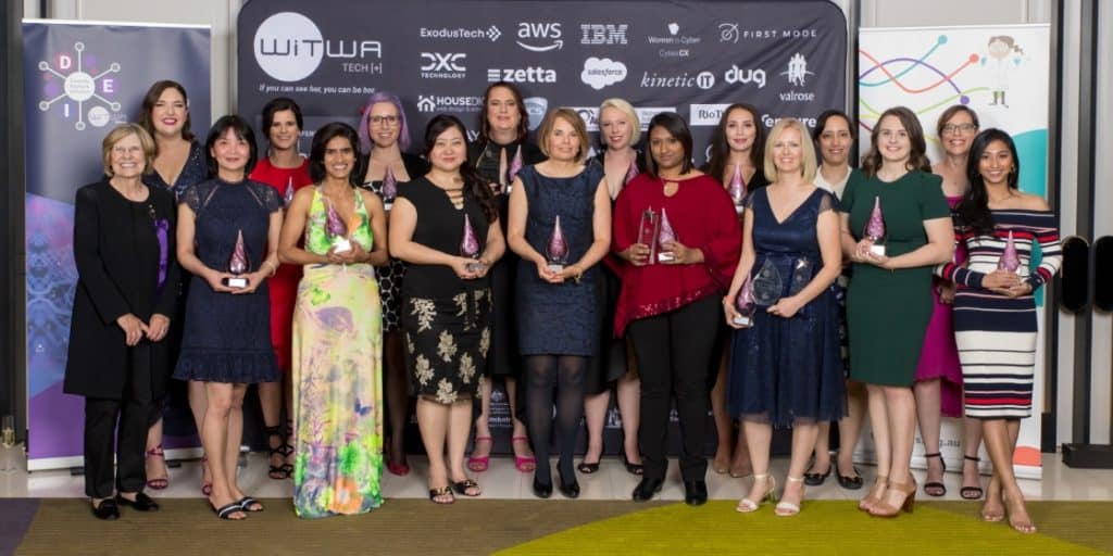 Winners of the 2021 WiTWA Tech[+] Awards with WiTWA patron, Lyn Beasley AO FTSE