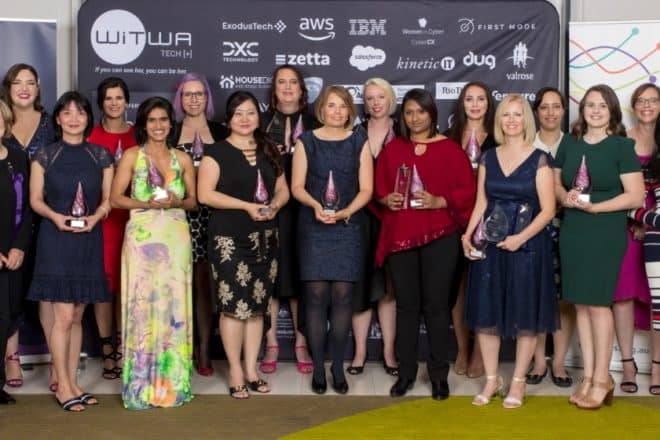 Winners of the 2021 WiTWA Tech[+] Awards with WiTWA patron, Lyn Beasley AO FTSE